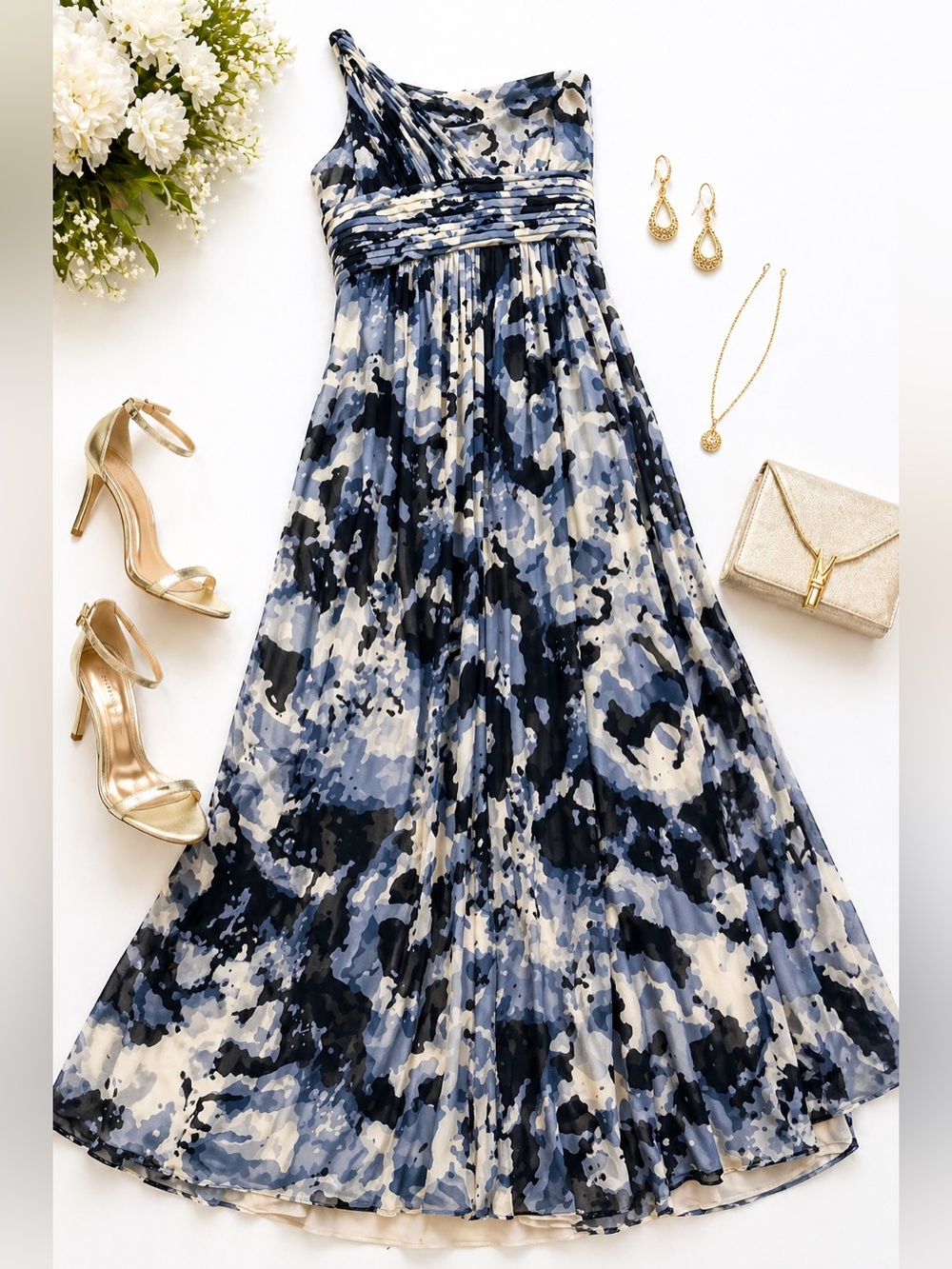 BCBGMaxAzria Navy, Black & Cream One-Shoulder Pleated Maxi Dress